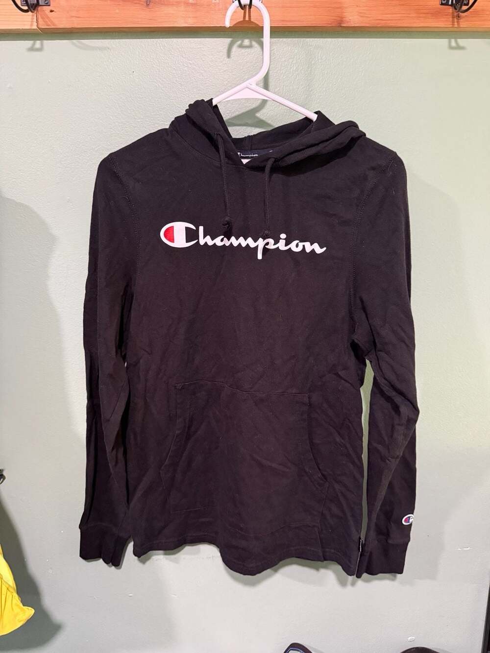 Champion Hooded Long-Sleeve Tee Size S Black Script Logo